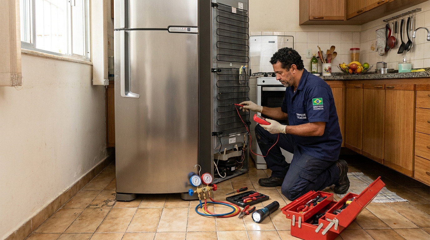 Técnico realizando manutenção de motor de geladeira em Santo André‑SP
